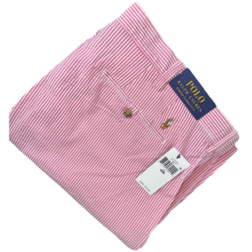 New Polo Ralph Lauren Seersucker Shorts Stretch Classic Fit 7" 42B Big Pink‎